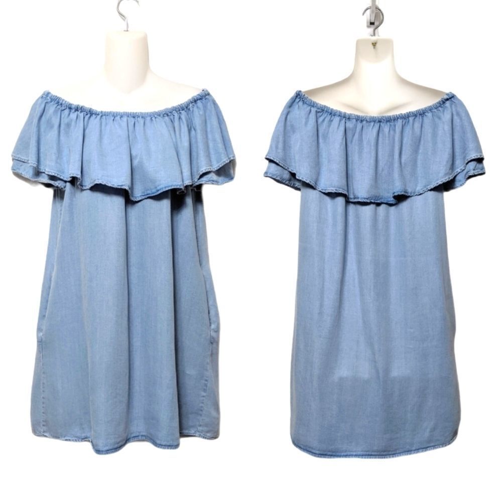 ZARA WOMAN Flounce Off Shoulder Chambray Dress S